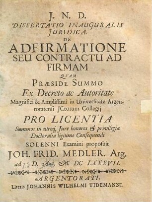 Dissertatio inauguralis juridica De adfirmatione seu contractu ad firmam