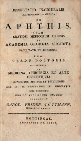 Diss. inaug. path. med. de aphthis