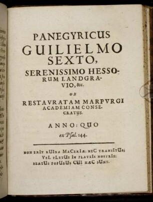 Panegyricus Guilielmo Sexto, Serenissimo Hessorum Landgravio ...
