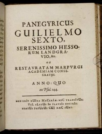 Panegyricus Guilielmo Sexto, Serenissimo Hessorum Landgravio ...