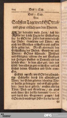 Das 7. Cap. Vom Sechsten Tagewerck GOttes/ und zwar erstlich von den Thieren.