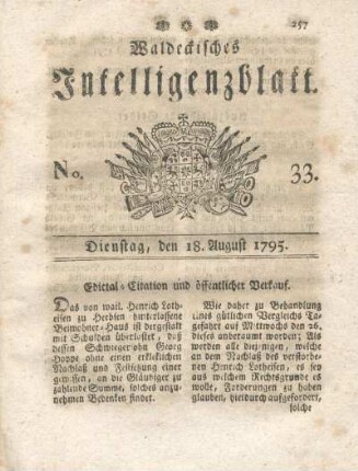 No. 33, Dienstag, den 18. August 1795