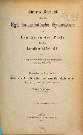 Jahres-Bericht des Humanistischen Gymnasiums zu Landau in der Pfalz : für das Schuljahr ... 1894/95