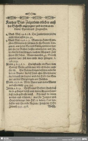 Kurtzes Blat-Zeigerlein etlicher auß der Schrifft angezogener und in etwas erklärter Sprüch und Zeugnussen