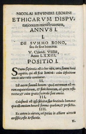 Nicolai Reusneri Leorini Ethicarum Disputationum menstruarum, Annus I.