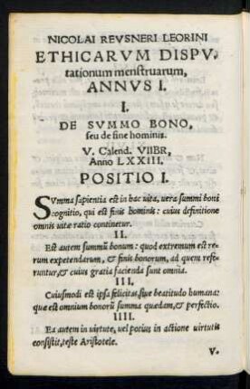 Nicolai Reusneri Leorini Ethicarum Disputationum menstruarum, Annus I.