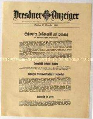 Nachrichtenblatt "Dresdner Anzeiger" u.a. zu einem Angriffder japanischen Luftwaffe auf Penang