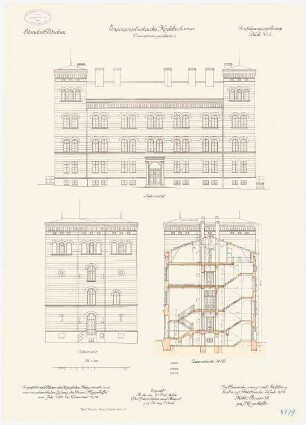 Kadettenhaus der Garnison Potsdam Ergänzungsbauten: Dienstwohngebäude Nr. 6: Aufriss Südansicht, Ostansicht, Querschnitt 1:100