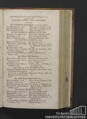 Original octavo editions of plays, &c. printed for Longman, Hurst, Rees, and Orme.