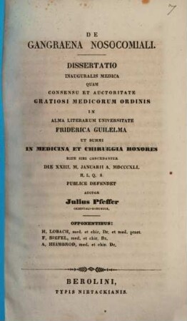 De gangraena nosocomiali : dissertatio inauguralis medica