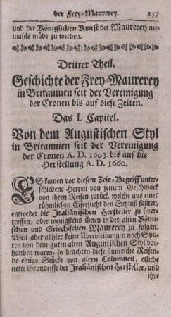 Dritter Theil. Geschichte der Frey-Maurerey in Britannien seit der Vereinigung der Cronen bis auf diese Zeiten.