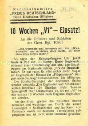 Flugblatt des NKFD zu den Ergebnissen des V1-Einsatzes gegen englische Städte