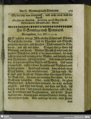 Am III. Sonntage nach Trinitatis. Evangelium, Luc. XV. v. 1 - 11