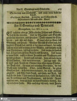 Am III. Sonntage nach Trinitatis. Evangelium, Luc. XV. v. 1 - 11