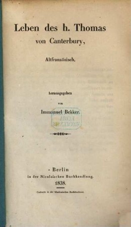 Leben des hl. Thomas von Canterbury : altfranzösisch