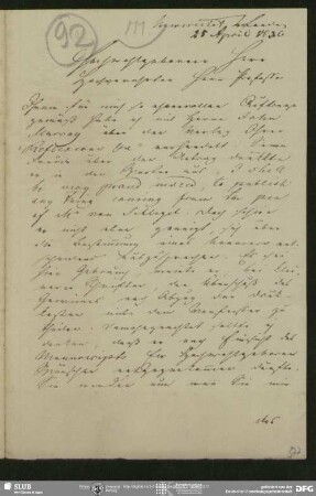 Eigenh. Brief von Ludwig von Mühlenfels an August Wilhelm von Schlegel, London, 25.04.1836