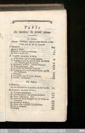 Table des matières du second volume.