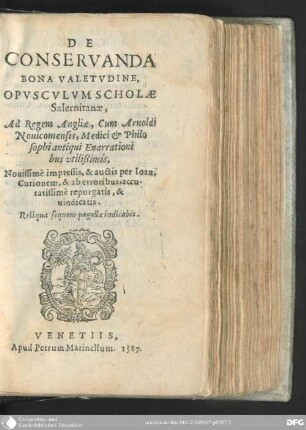 De conservanda bona valetudine : opusculum scholae Salernitanae ; ad Regem Angliae