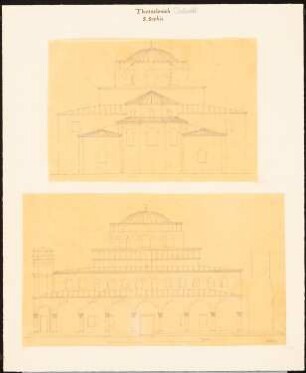 S. Sophia (Hagia Sophia), Thessaloniki: Durchzeichnung, zwei Bätter: Querschnitt, Längsschnitt, Maßstabsleiste (Feet) (vermutlich nach Charles Texier und Richard P. Pullan, XXXVII?)