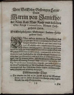 Dem .. Herrn Martin von Janickho ... Rath und ... Oberkriegs Commissario ...