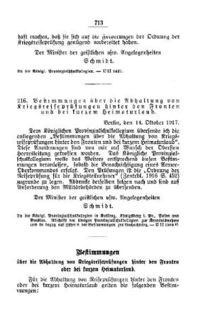 Bestimmungen über die Abhaltung von Kriegsreifeprüfungen hinter den Fronten und bei kurzem Heimaturlaub : [D. Höhere Lehranstalten für die männliche Jugend]