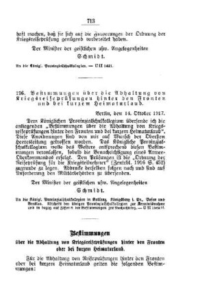 Bestimmungen über die Abhaltung von Kriegsreifeprüfungen hinter den Fronten und bei kurzem Heimaturlaub : [D. Höhere Lehranstalten für die männliche Jugend]