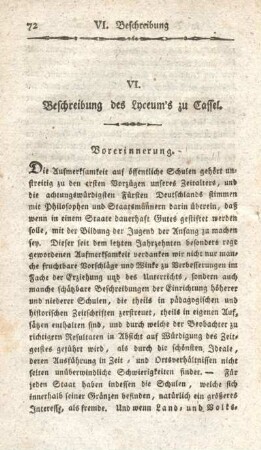 VI. Beschreibung des Lyceum's zu Cassel.