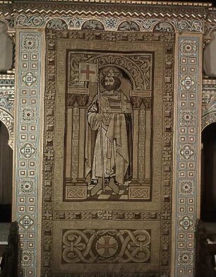 Unbekannter Herrscher mit Fahne und Kirchenmodell als Stifter