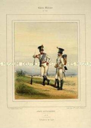 Uniformdarstellung, Infanteristen der Deutschen Linien-Infanterie, Österreich, 1840/1850. Tafel Nr. 160 aus: Galerie Militaire.