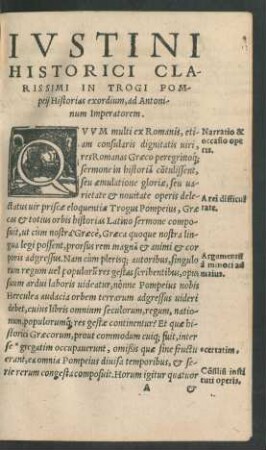 Iustini Historici Clarissimi in Trogi Pompeii Historias exordium, ad Antonium Imperatorem.
