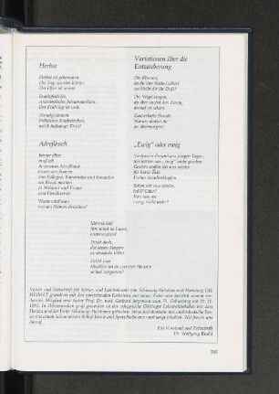 Herbst; Adreßbuch; Variationen über die Entzauberung; "Ewig" oder ewig