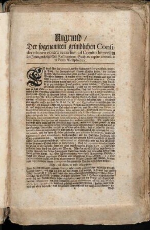 Ungrund, Der sogenannten gründlichen Considerationen contra recursum ad Comitia Imperii in der Zwingenbergischen Restitutions-Sach ex capite amnestiæ vi Pacis Westphalicæ