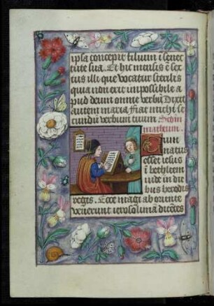 Miniatur-Textzierseite: (Eveangelienperikope) Evangelist Matthäus; Trompe l'oeil-Rahmen mit Blütenzweigen und Insekten
