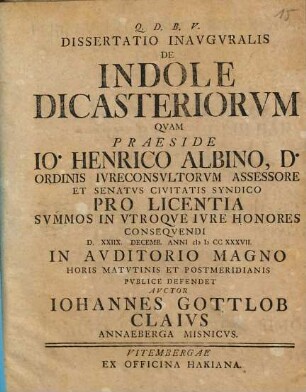 Dissertatio inauguralis de indole dicasteriorum