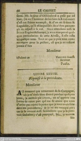 Lettre XXXVIII. Response a la precedente