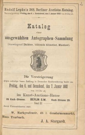 Katalog einer ausgewählten Autographen-Sammlung (vorwiegend Dichter, bildende Künstler, Musiker)