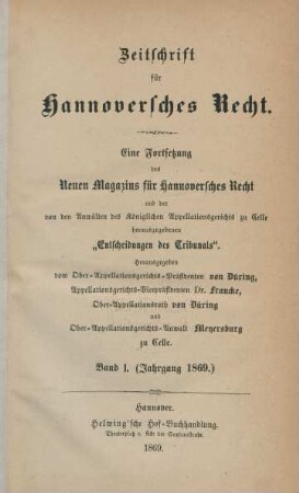 1.1869: Zeitschrift für hannoversches Recht