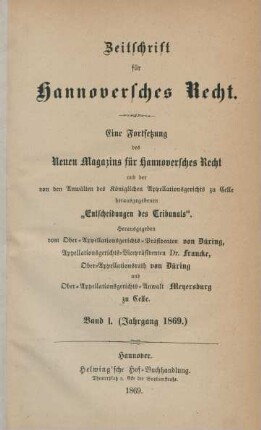 1.1869: Zeitschrift für hannoversches Recht