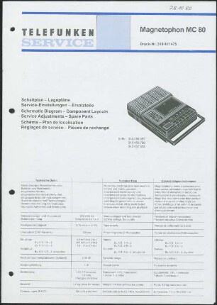 Bedienungsanleitung: Telefunken Service für Telefunken Magnetophon MC 80