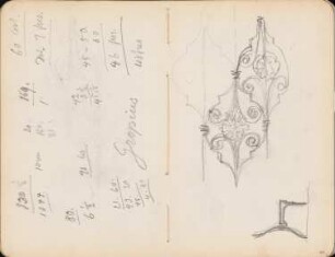 Stuhl / Ornamentik: Seitenansicht Stuhl, Details Ornamentik (aus: Skizzenalbum 5)