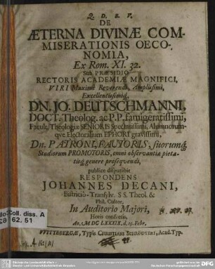 De aeterna divinae commiserationis oeconomia, ex Rom. XI. 32