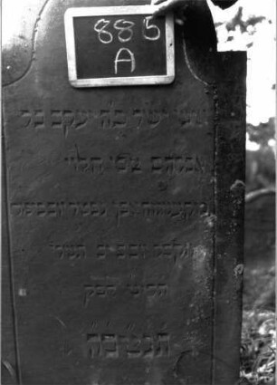 Grabstein 885 (Index: 100103725) Material: Sandstein Zustand: gut erhalten bis leicht angewittert Maße HxBxT: 139x68x8 cm Beschreibung: Stele, eingezogener Rundbogenabschluss, Schriftfeld mit Konvexbogenabschluss, durch umlaufende Rille abgeteilt, im Bogenfeld eingeritzte Levitenkanne Symbolik: Levitenkanne: Grabstein 885A