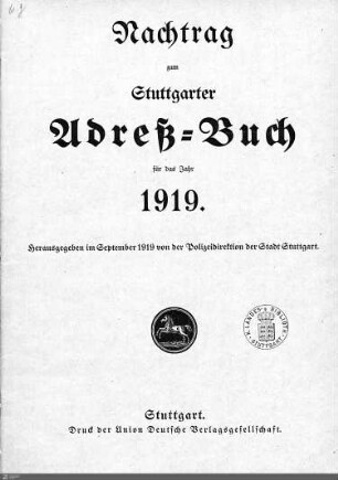 1919 - Nachtrag: Stuttgarter Adressbücher / Nachtrag, 1919