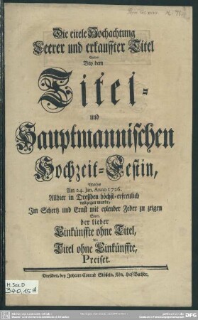 Die eitele Hochachtung Leerer und erkauffter Titel ... Bey dem Titel- und Hauptmannischen Hochzeit-Festin ... der lieber Einkünffte ohne Titel, Als Titel ohne Einkünffte, Preiset