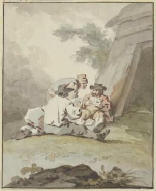 Vier Männer vor einer Hütte am Boden sitzend oder hockend beim Kartenspiel