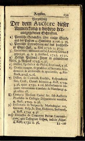Verzeichniß Der vom Auctore dieser Anmerckungen bishero herausgegebenen Schrifften.