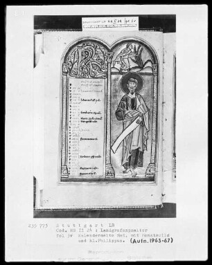 Psalterium (sogenannter Landgrafenpsalter) — Kalendar, Folio 1verso-7recto — Buchseite Mai mit Apostel Philippus und Monatsbild, Folio 3verso