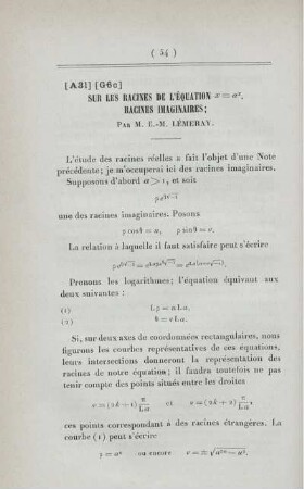Sur les racines de l'équation ... Racines imaginaires.