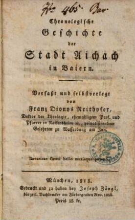 Chronologische Geschichte der Stadt Aichach in Baiern