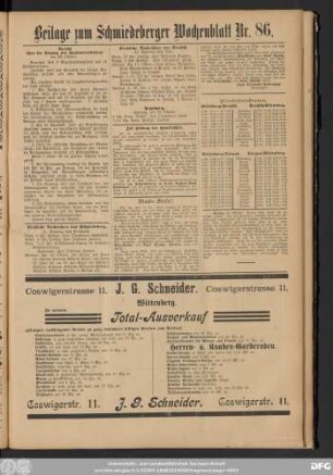 Schmiedeberger Wochenblatt, Beilage zum Schmiedeberger Wochenblatt Nr. 86.